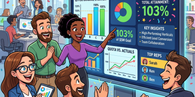 Team reviewing quota attainment, revenue, and regional performance charts on large screen