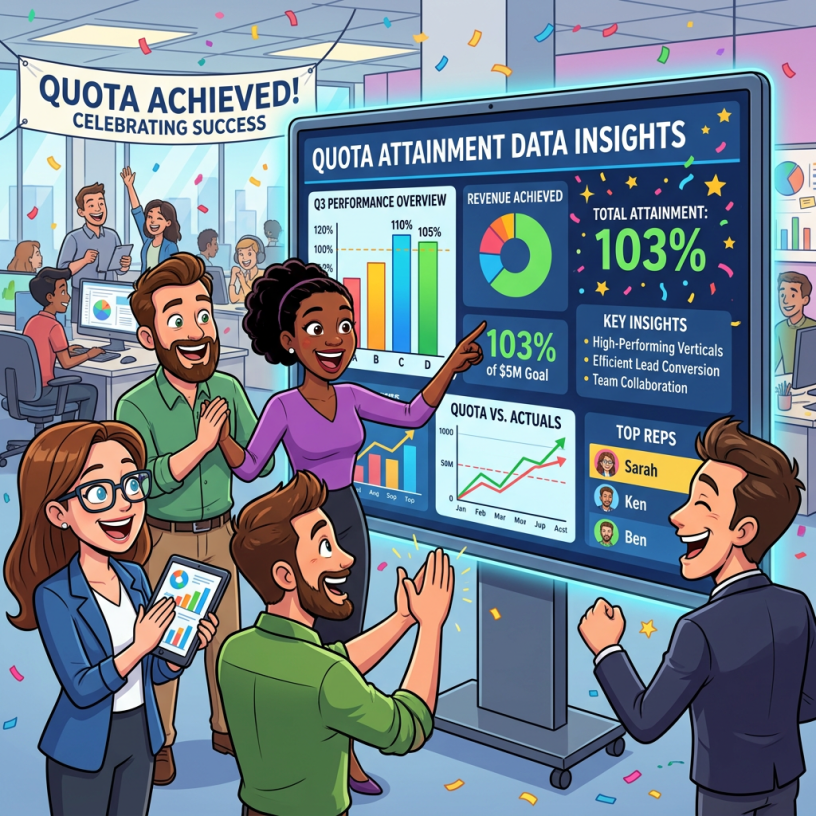 Team reviewing quota attainment, revenue, and regional performance charts on large screen